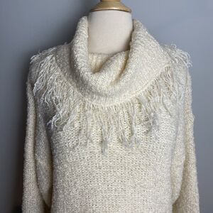 Vintage 90s Bonjour Cream Fringed Cowl Neck Tunic Sweater Medium